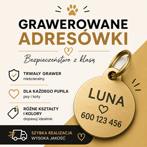 Bezpieczeństwo z charakterem. Twój numer telefonu i imię pupila wygrawerowane precyzyjnie na miejscu – odporne na każdą przygodę.